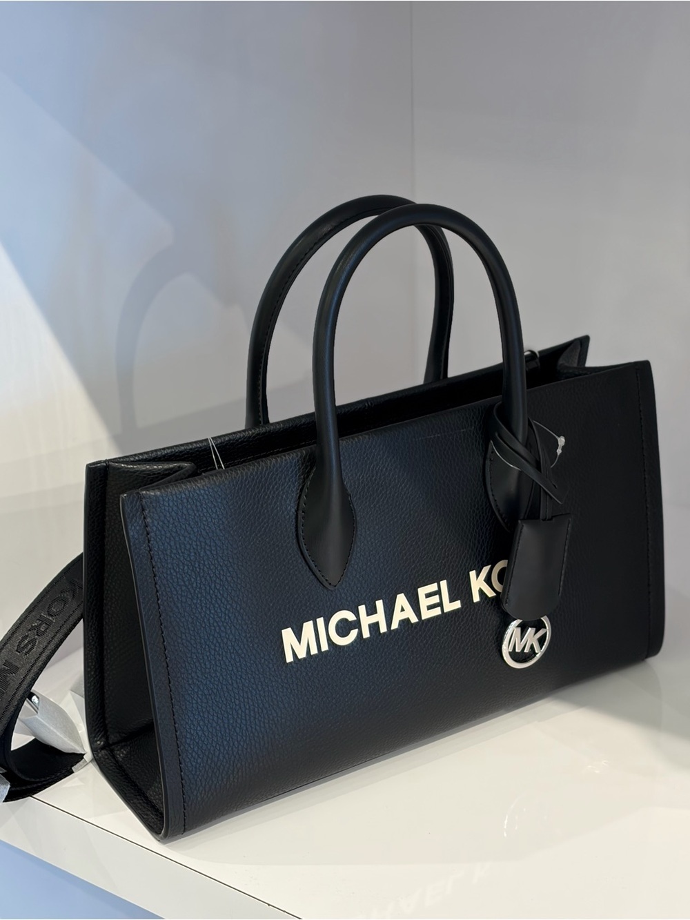 MICHAEL KORS Black Leather Logo Tote with Top Handles
